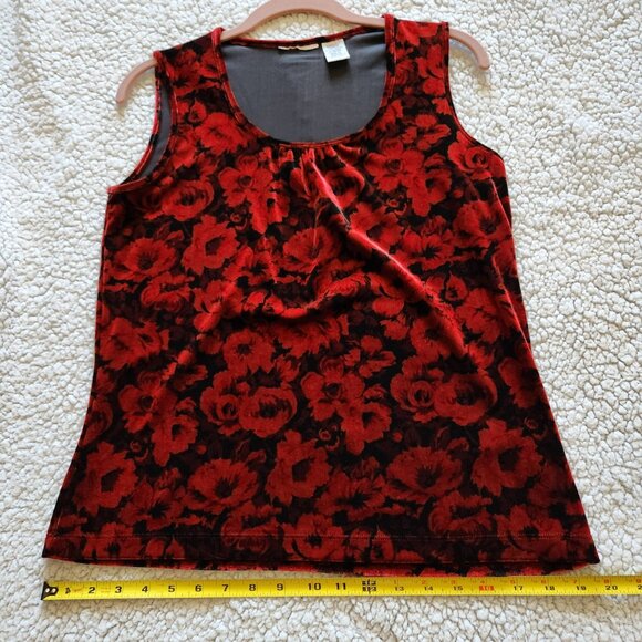 VINTAGE Red and Black Velvet Floral Blouse Sleeveless Size Small Occasion Top - Picture 4 of 5